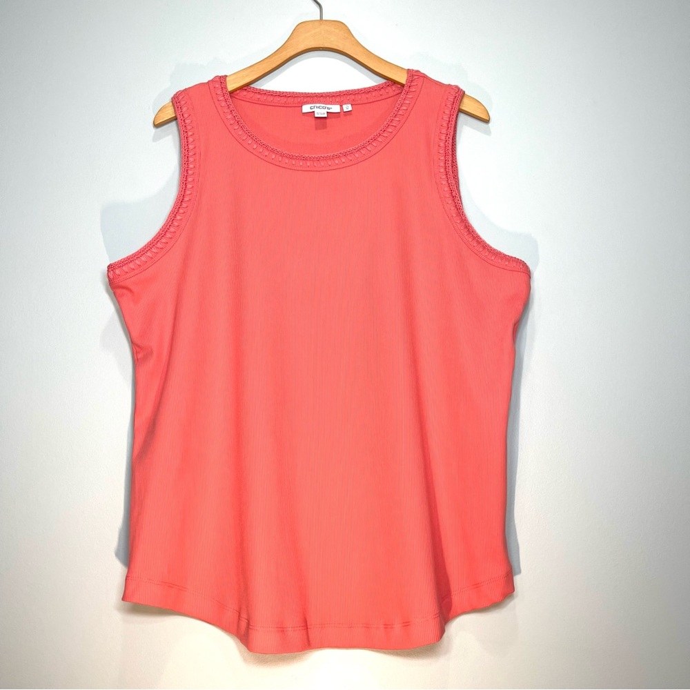 CHICO'S Women's Coral Tank Top Quality Fabric Embriodered Trim Neck Arms Size XL